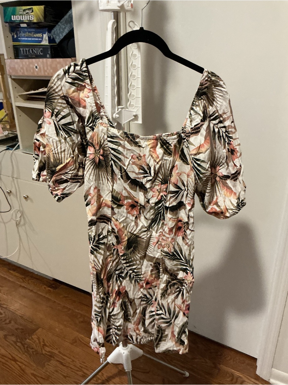 Billabong White Tropical Print Off-Shoulder Mini Dress with Green & Pink